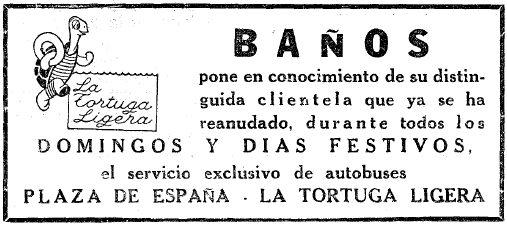 Anunci de la reanudaci del servei d'autobusos entre Barcelona i els Banys 'La Tortuga Ligera' de Gav Mar publicat al diari LA VANGUARDIA (12 de Juny de 1965)